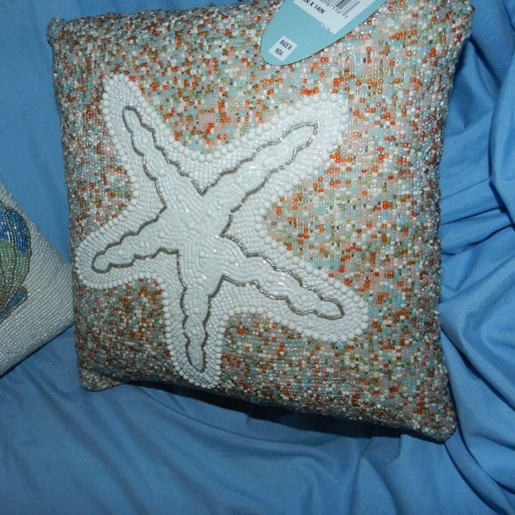 COASTAL BEADED SAND DOLLAR & STARFISH 14" X 14" THROW PILLOWS/DECOR CASES🆕HP - Picture 5 of 15